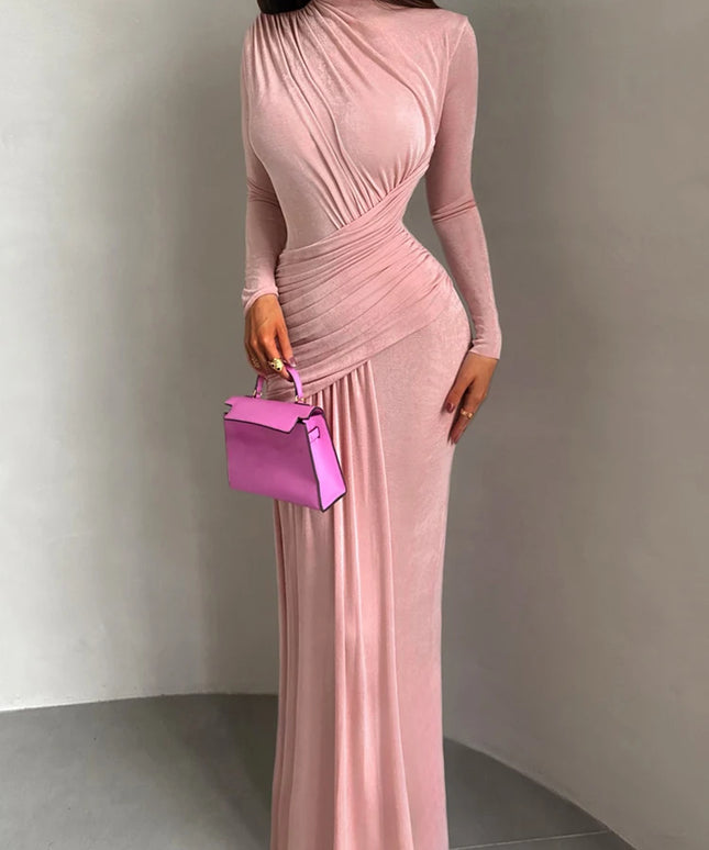 Sisterlinda Folds Maxi Dress Women o-Neck Full Sleeve Solid Banquet Elegant Vacation Fashion Autumn Skinny Casual Simple Vestido