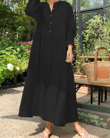 Women's Elegant Solid Cotton Robe Femme 2022 Spring Autumn Bohemian Maxi Dress ZANZEA Casual Long Sleeve Shirt Dresses Oversized