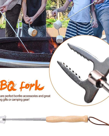 80Cm Barbecue Skewers Stainless Steel Wooden Handle Long Campfire Telescopic Extendable BBQ Fork Barbecue Accessories