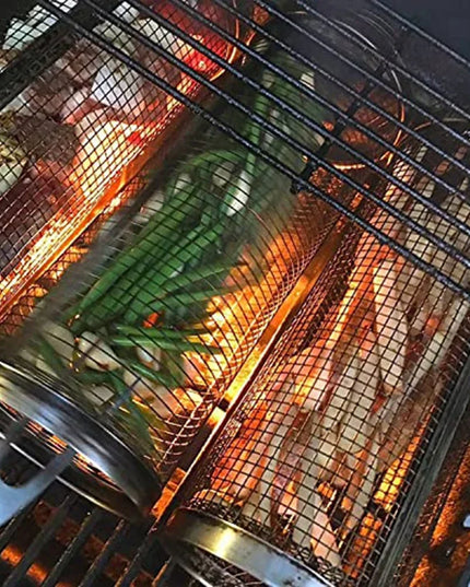 Rolling Bbq Basket- Greatest Grilling Basket Ever, Round Stainless Steel Grill Mesh, Camping Barbecue Rack For Vegetables,Fish
