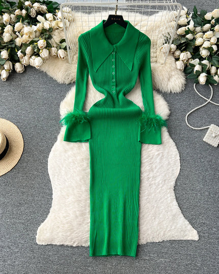 YuooMuoo Women Dress 2025 Autumn Winter Elegant Fur Long Sleeve Knitted Sweater Dress Chic Lady Wrap Hips Bodycon Long Vestidos