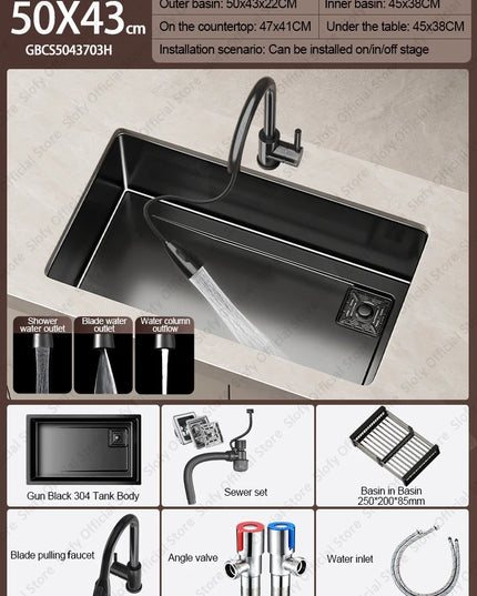 304 Stainless Steel Kitchen Sink Black Single Bowl Thickened Material Wear-Resistant Vegetable Workstation Drainage Accessories