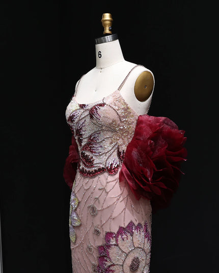 Sharon Said Luxury Pink Floral Beaded Evening Dress with Burgundy Shawl Cape Elegant Party Dress for Women SS515 Customized