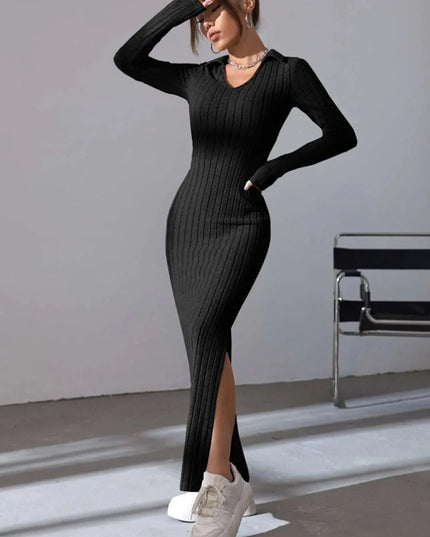 Spring and summer 2024 new style knitted slim lapel long sleeve dress pit strip solid color tight skirt