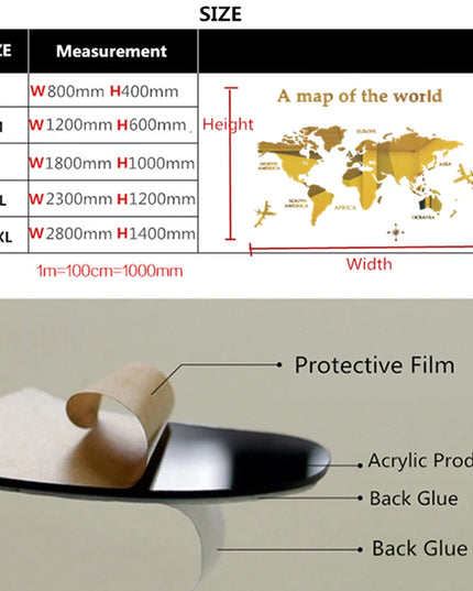 World Map Wall  3D Acrylic Wall Stickers Three-dimensional Mirror Stickers Bedroom Office Background Wall Decoration Stickers