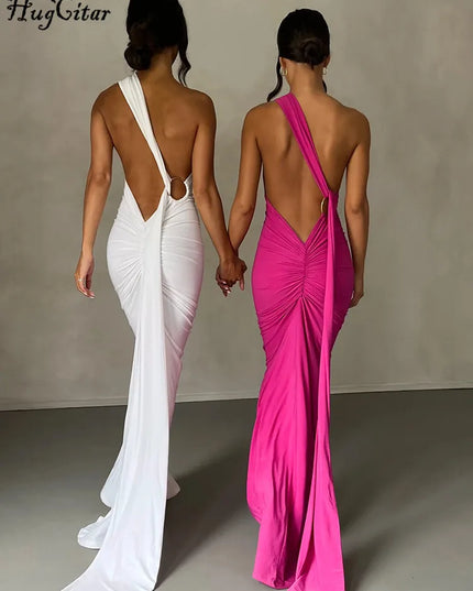 Hugcitar One Shoulder Backless Adjustable Scarf Loop Ruched Sexy Maxi Dress Women Elegant Y2K Streetwear Festival Outfit