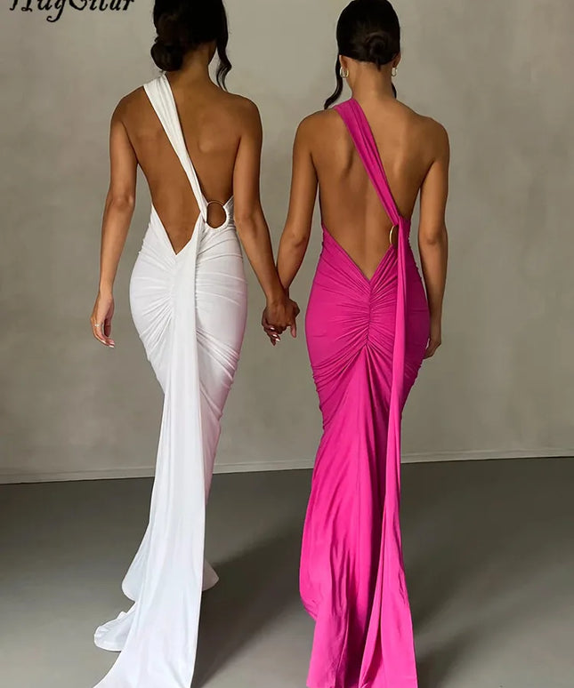Hugcitar One Shoulder Backless Adjustable Scarf Loop Ruched Sexy Maxi Dress Women Elegant Y2K Streetwear Festival Outfit
