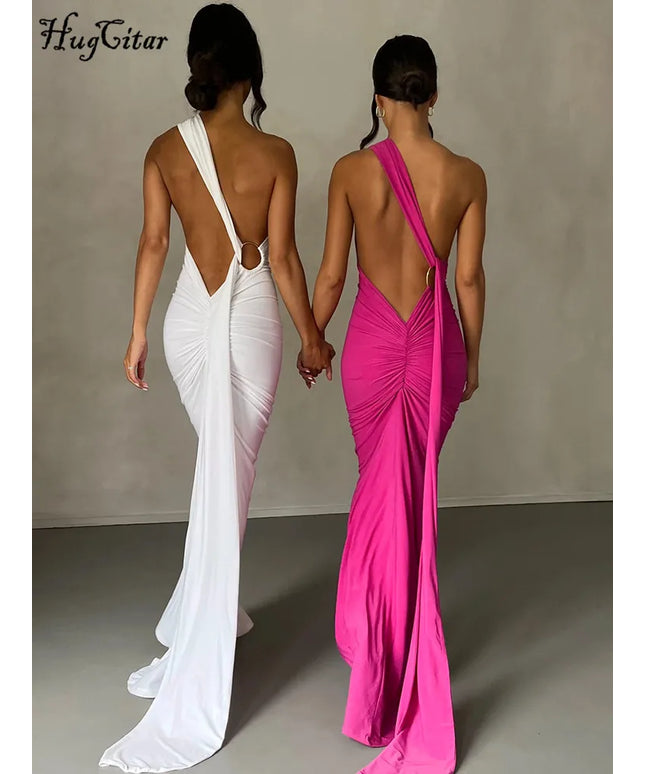 Hugcitar One Shoulder Backless Adjustable Scarf Loop Ruched Sexy Maxi Dress Women Elegant Y2K Streetwear Festival Outfit