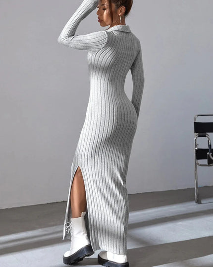 Spring and summer 2024 new style knitted slim lapel long sleeve dress pit strip solid color tight skirt