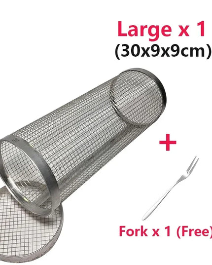Rolling Bbq Basket- Greatest Grilling Basket Ever, Round Stainless Steel Grill Mesh, Camping Barbecue Rack For Vegetables,Fish