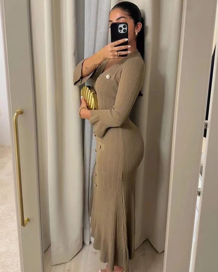 Elegant Knitted Long Dress Women Flare Sleelve V Neck Ruffles Single Breasted Bodycon Dresses Party Fashion Office Lady Vestidos