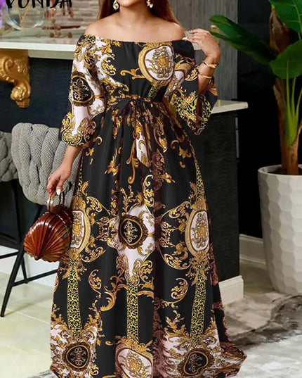 VONDA Women Printed Party Dress 2024 Sexy Off Shoulder Long Lantern Sleeve Bohemian Sundress Belted Vintage Maxi Robe Oversized