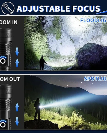 High Power Strong Light Long Range LED Flashlight USB Rechargeable Defense Flashlight Outdoor Telescopic Zoom Super Bright Torch