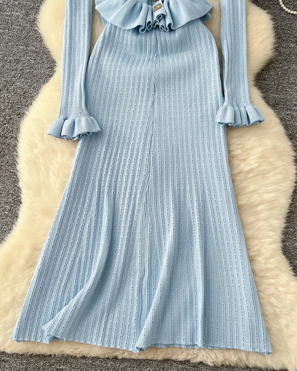 YuooMuoo Brand Fashion One Piece Maxi Dress 2025 Woman Luxury V-neck Rhinestone Slim Waist Ruffled Knitted Dress Party Vestidos