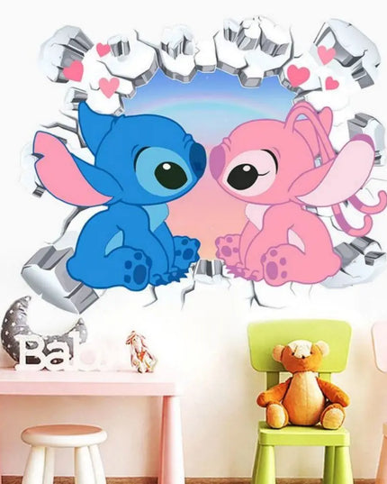 3D Broken Wall Lilo & Stitch Wall Stickers For Kid's Room Kindergarten Living Room Bedroom Wall Decoration Animated Poster