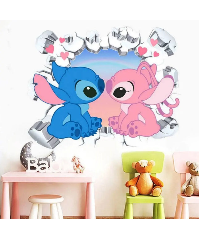 3D Broken Wall Lilo & Stitch Wall Stickers For Kid's Room Kindergarten Living Room Bedroom Wall Decoration Animated Poster