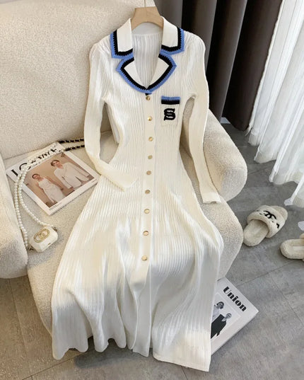 YuooMuoo Elegant Embroidery Letter Knitted Maxi Dress Autumn Winter Brand Fashion Lady Notched Black Sweater Dress Office Robes