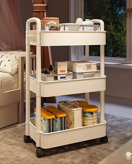 Versatile Multi-Tier Storage Cart - White Plastic, Perfect for Kitchen, Bathroom & Bedroom Organization