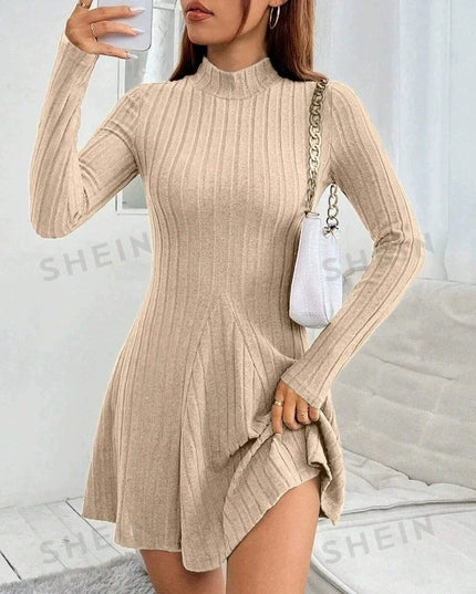 Women's slim fit half high collar waist cinched A-line skirt long sleeved pit stripe dress
