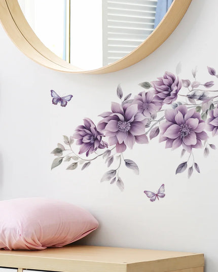 Purple Flowers Butterfly Wall Stickers Living Room Bedroom Background Decor Mural Bathroom Home Decoration Self-adhesive Decals