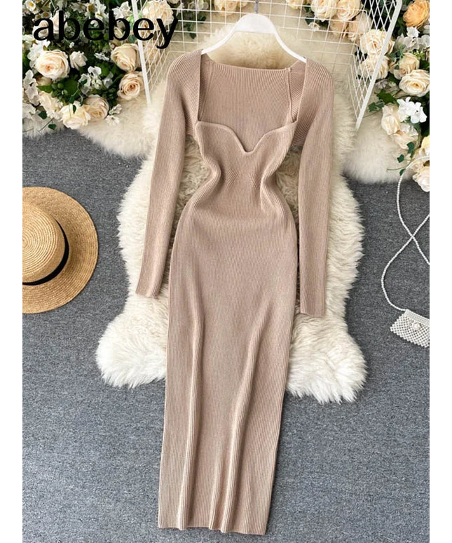 Dresses For Women 2026 Sexy Strapless Ribbed Knitted Bodycon Dress Women Winter Long Sleeve Midi Sweater Dress Clothes