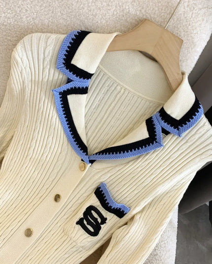 YuooMuoo Elegant Embroidery Letter Knitted Maxi Dress Autumn Winter Brand Fashion Lady Notched Black Sweater Dress Office Robes