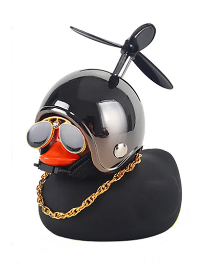 Cool Black Rubber Duck Toy Bike Car Ornaments Dashboard Decorations Squeeze Duck Bicycle Horns with Propeller Helmet for Kids