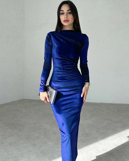2024 Spring Summer Velvet Long Sleeve Midi Dress For Women Ruched Long Dress Elegant Party Clothes Evening Green Outfits