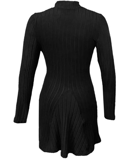 Women's slim fit half high collar waist cinched A-line skirt long sleeved pit stripe dress