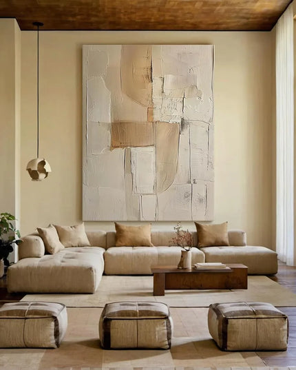 3D Beige Large Canvas Abstract Handmade Oil Painting Brown Simple Wall Art Textured Geometric Art Wall Decor Living Room Decor