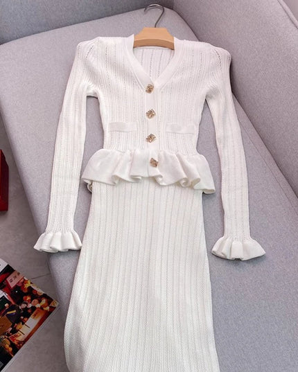 YuooMuoo Brand Fashion One-piece Knitted Maxi Dress Women Elegant V-neck Ruffled Slim Waist Bodycon Sweater Dress Party Vestido