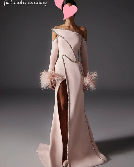 Fortunate Evening Elegant Vintage Sweet Sexy Pink Mermaid Feathers Crystal Beads Formal Occasion Prom Dress Evening Party Gowns