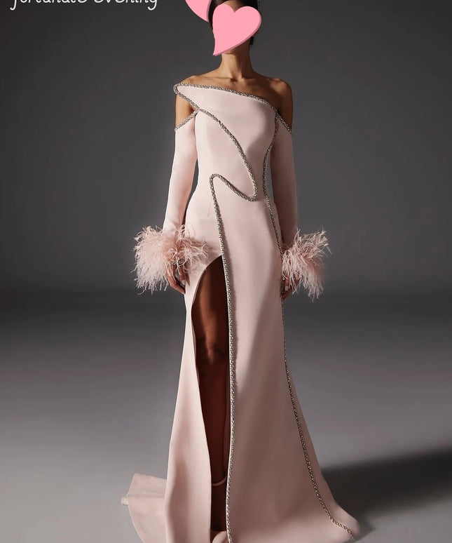 Fortunate Evening Elegant Vintage Sweet Sexy Pink Mermaid Feathers Crystal Beads Formal Occasion Prom Dress Evening Party Gowns