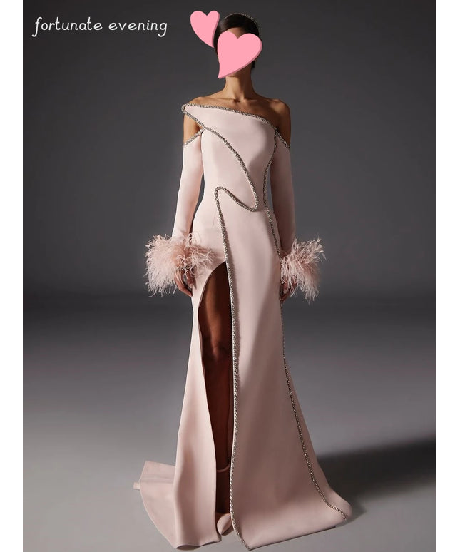 Fortunate Evening Elegant Vintage Sweet Sexy Pink Mermaid Feathers Crystal Beads Formal Occasion Prom Dress Evening Party Gowns