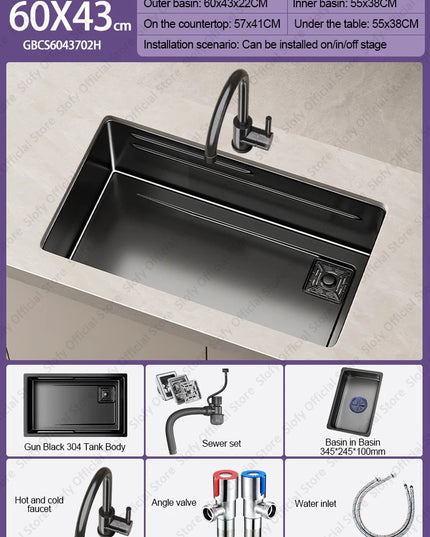 304 Stainless Steel Kitchen Sink Black Single Bowl Thickened Material Wear-Resistant Vegetable Workstation Drainage Accessories