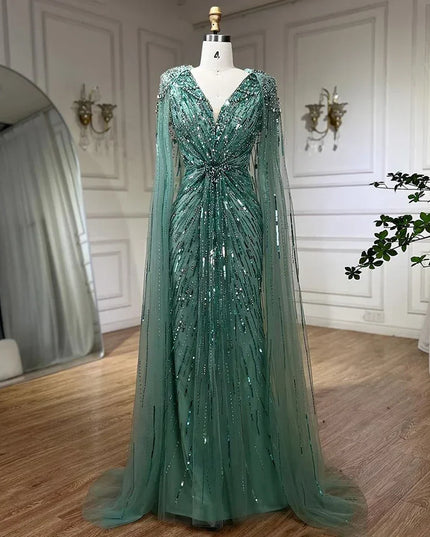 Serene Hill Turquoise Mermaid Evening Dresses Gowns 2025 with Beaded Cape Sleeves Design Customize Wedding Party BLA72168A