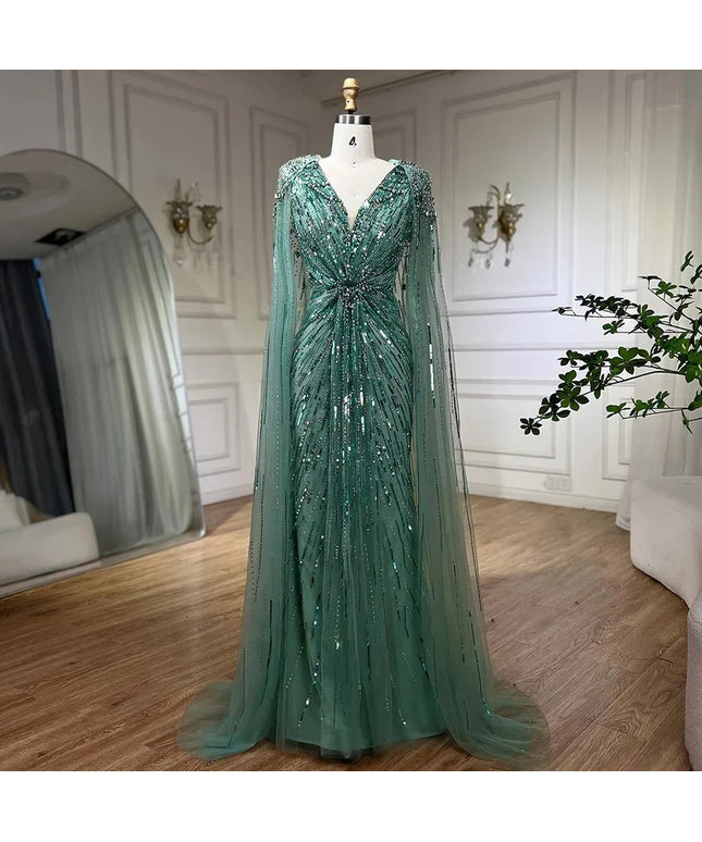 Serene Hill Turquoise Mermaid Evening Dresses Gowns 2025 with Beaded Cape Sleeves Design Customize Wedding Party BLA72168A