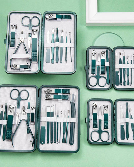 Green 6-18 Pcs Manicure Set With Leather Case Professional Foot And Face Care Tool Kits Stainless Steel Nail Clipper Sets Gift