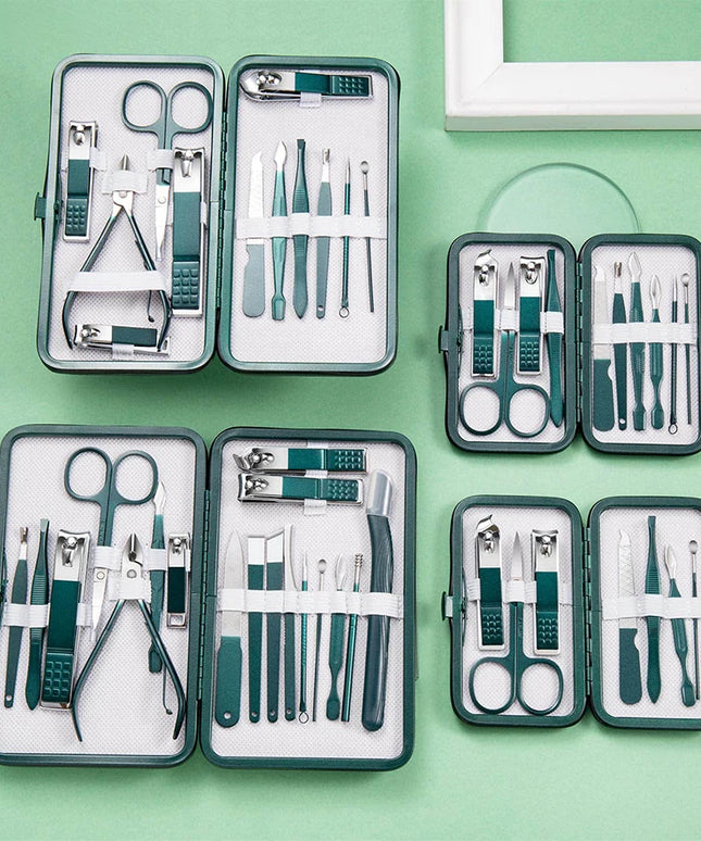 Green 6-18 Pcs Manicure Set With Leather Case Professional Foot And Face Care Tool Kits Stainless Steel Nail Clipper Sets Gift