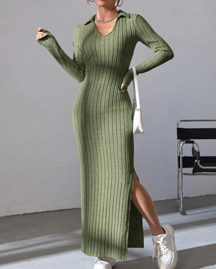 Spring and summer 2024 new style knitted slim lapel long sleeve dress pit strip solid color tight skirt
