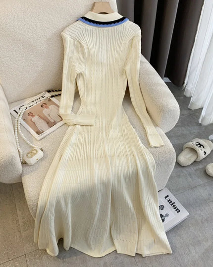 YuooMuoo Elegant Embroidery Letter Knitted Maxi Dress Autumn Winter Brand Fashion Lady Notched Black Sweater Dress Office Robes