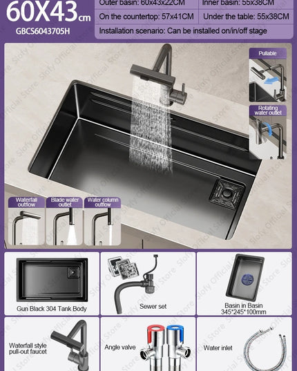 304 Stainless Steel Kitchen Sink Black Single Bowl Thickened Material Wear-Resistant Vegetable Workstation Drainage Accessories