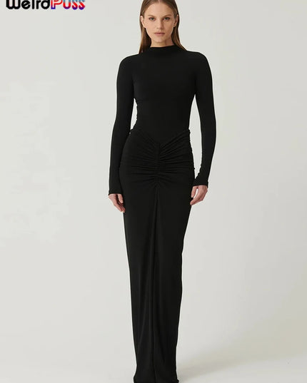 Weird Puss Hipster Ruched Dress Women o-NeckFull Sleeve  Skinny Stretch Robe Autumn Trend Simple Classic Pleats Long Bodycon