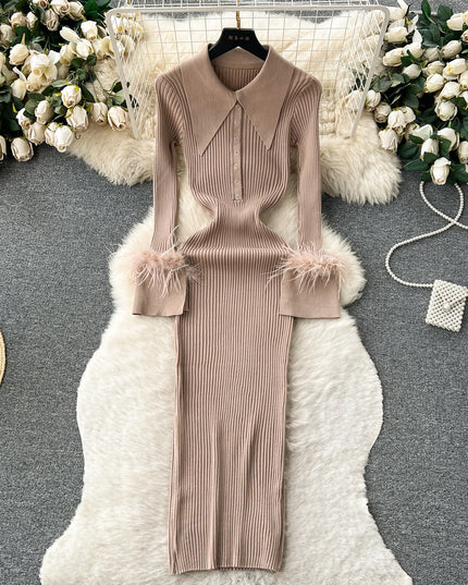 YuooMuoo Women Dress 2025 Autumn Winter Elegant Fur Long Sleeve Knitted Sweater Dress Chic Lady Wrap Hips Bodycon Long Vestidos