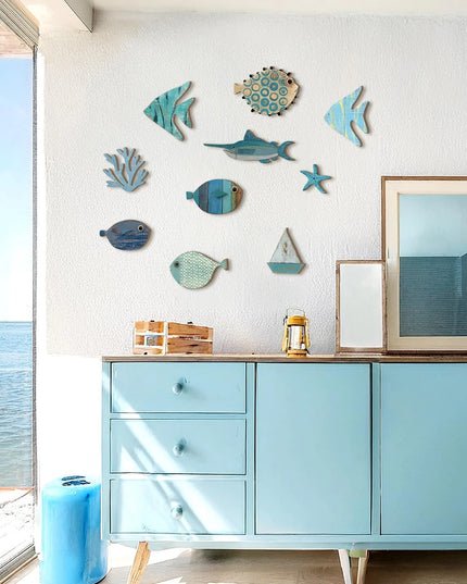 Handcrafted Wooden Ocean Wall Decor - Fish, Coral, Starfish & Sailboat Set for Home/Bathroom, Coastal Style Art