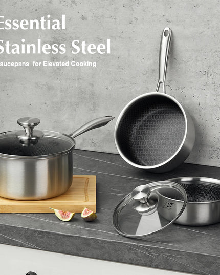 KOCH SYSTEME CS Hybrid Nonstick Stainless Steel Saucepan Set, 1QT & 2QT Triply Stainless Steel Saucepan Set