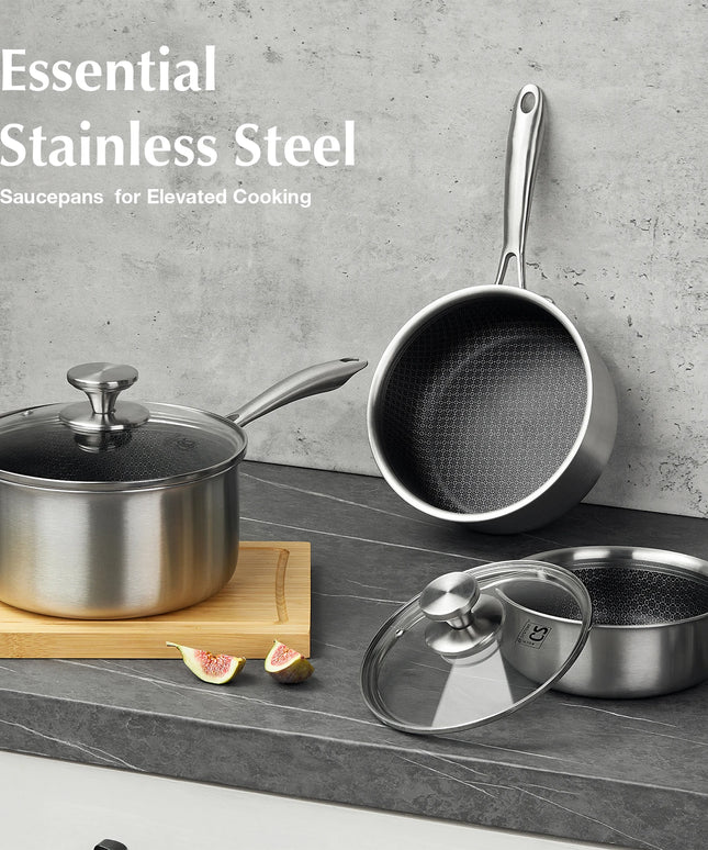 KOCH SYSTEME CS Hybrid Nonstick Stainless Steel Saucepan Set, 1QT & 2QT Triply Stainless Steel Saucepan Set