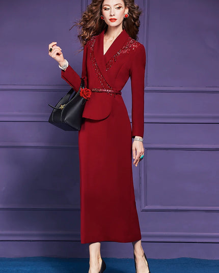 ZJYT Elegant Autumn Luxury Beading Tassel Red Formal Party Evening Dresses Women 2025 Long Sleeve Plus Size Office Work Wear