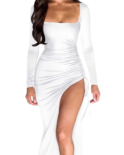 New Long Sleeve Ruched High Split Maxi Dress Women Square Collar Drawstring Bodycon Sexy Party Long Dress Elegant Autumn