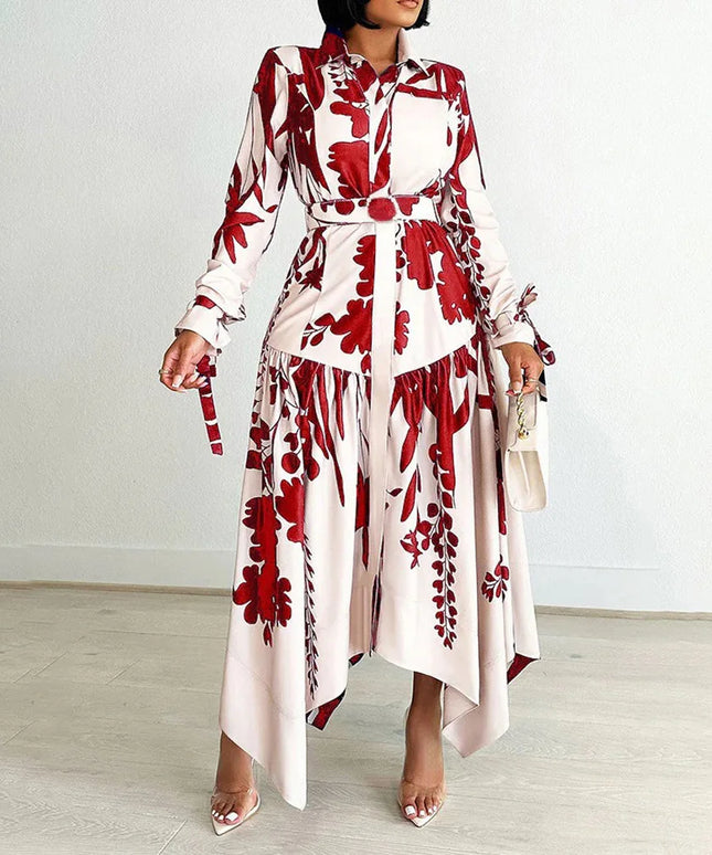 Elegant Printed Dresses Woman 2024 Turn Down Collar Single Breasted Full Sleeve Asymmetric Ankle Length Fashion Birthday Dress
